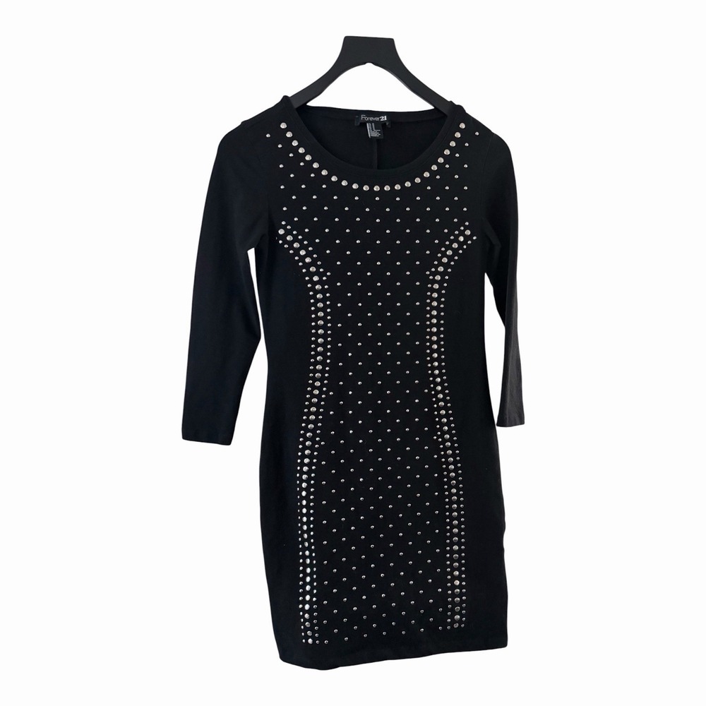 Forever 21 Black Studded Bodycon Dress Medium 3/4 Sleeve Party Club Y2K Goth